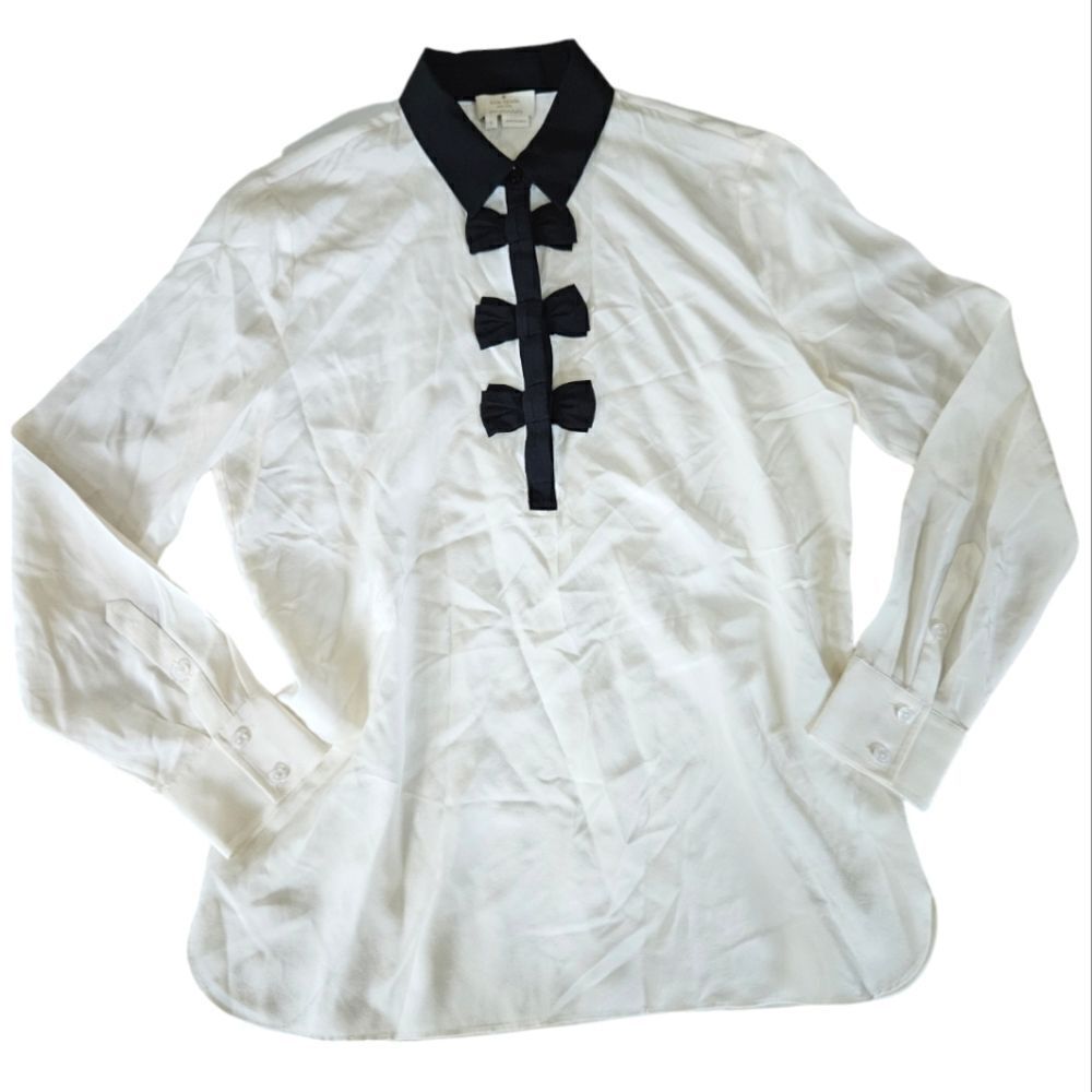 Kate Spade Bow Placket 100% Silk Long Sleeve Go Fly a Kite Collared Blouse Top S - Picture 3 of 9
